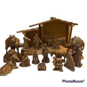 17 Piece Nativity H&M Ceramics Made Canada Art Sculpture Small Brown Glaze